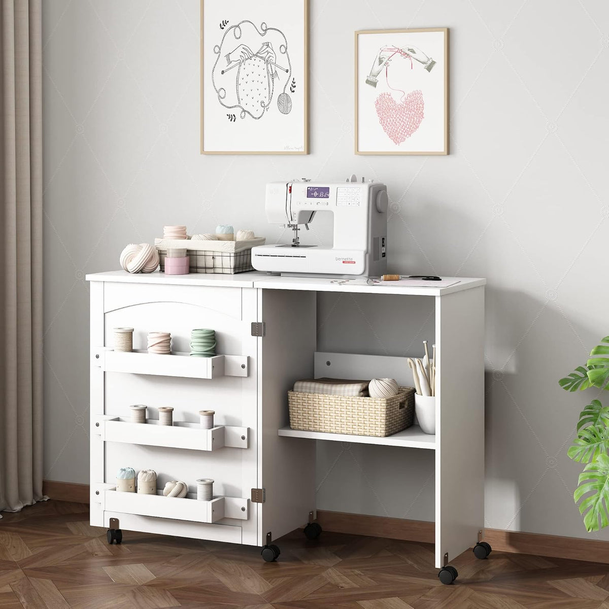 White Foldable Sewing Table with Storage T5977