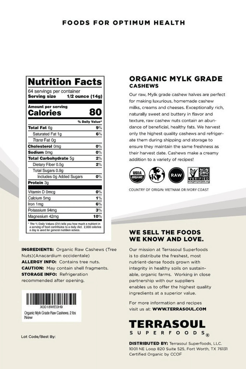 Organic Raw Cashews, 2 Pounds N994405