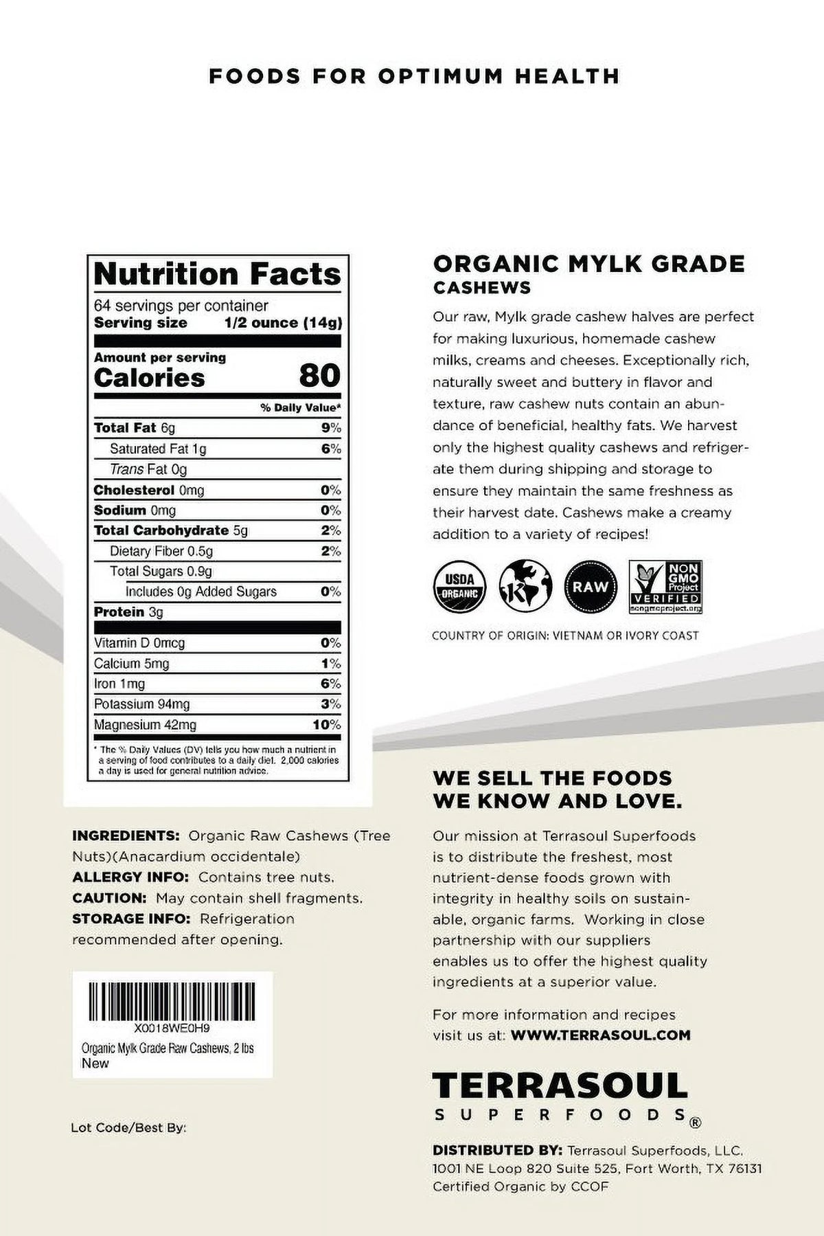 Organic Raw Cashews, 2 Pounds N994405