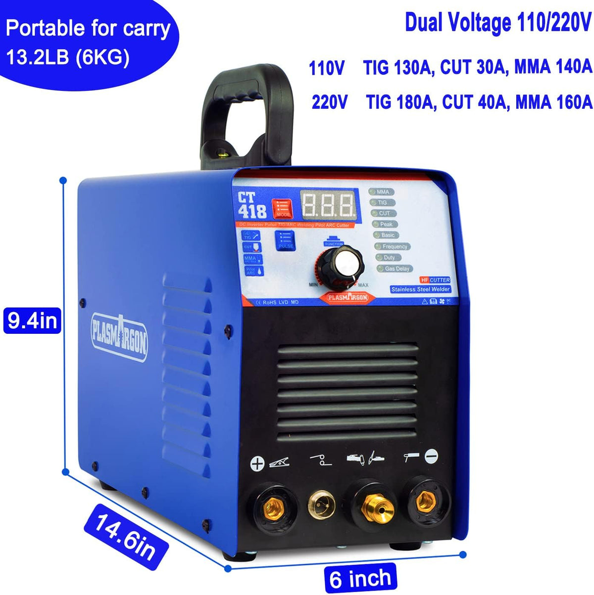 3 in 1 Plasma Cutter TIG Stick Welder, 180A Pulse TIG/Arc Welding, 40A Plasma Cutting, 110/220V Dual Voltage J801