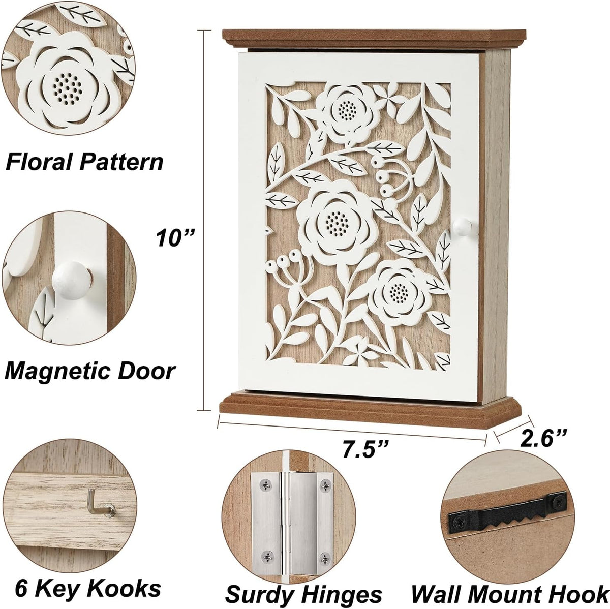 White Wood Key Holder with 6 Key Hook B196