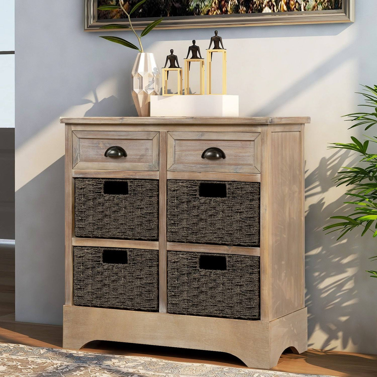 Rustic Storage Cabinet with 2 Drawers and 4 Fabric Basket F504707