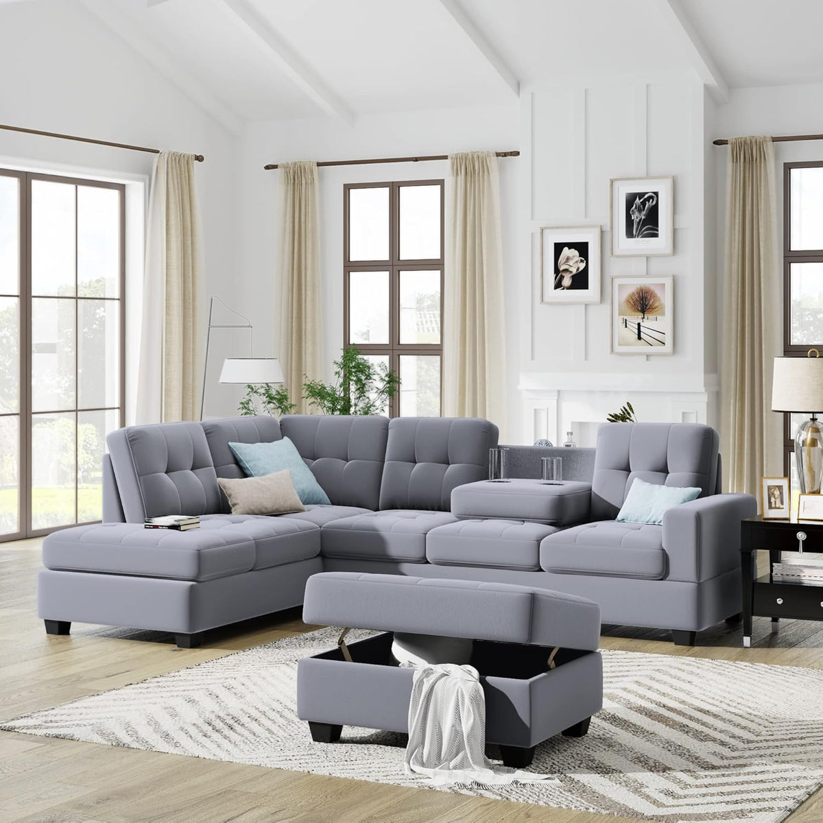 Linen Upholstered L Shaped Sofa Set with Ottoman Storage, Light Gray U482654