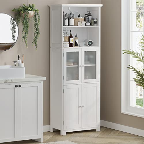 White Tall Bathroom Storage Cabinet with 2 Open Compartments and 2 Cabinets with Doors G743850