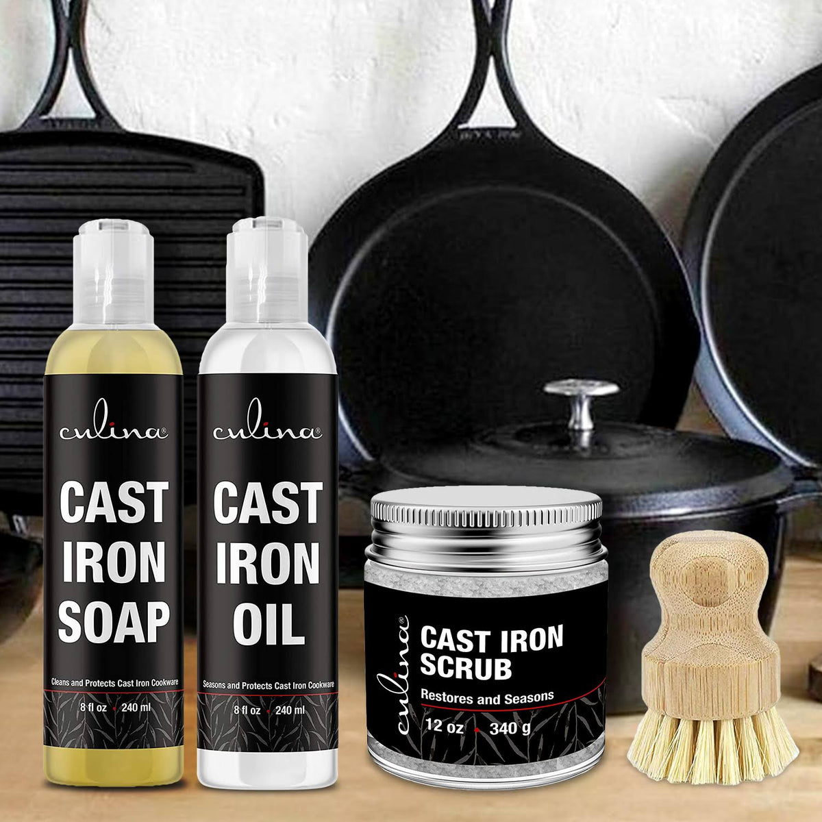 Cast Iron Soap & Conditioning Oil & Stainless Scrubber W556