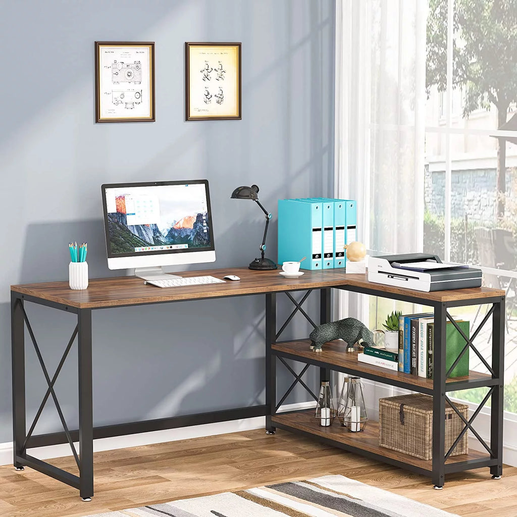 Reversible Industrial L-Shaped Desk with Storage Shelves, Corner Computer Desk (Brown, 59") M411