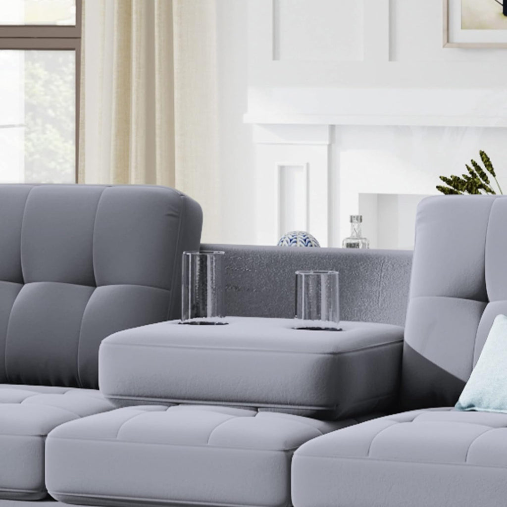 Linen Upholstered L Shaped Sofa Set with Ottoman Storage, Light Gray U482654