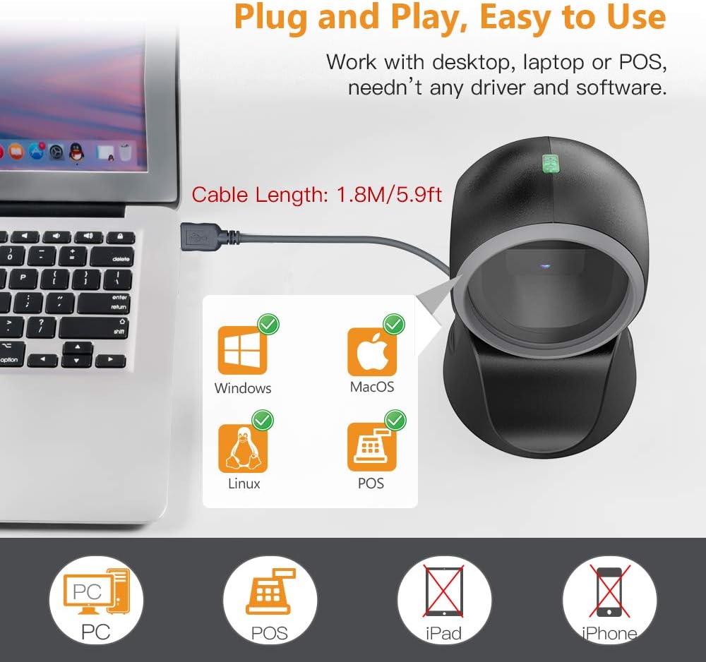 Desktop Barcode Scanner, Omnidirectional Hands-Free USB Wired V45874
