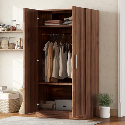 Brown Wooden Armoire Closet with 3-Shelves and Hanging Rail H7871