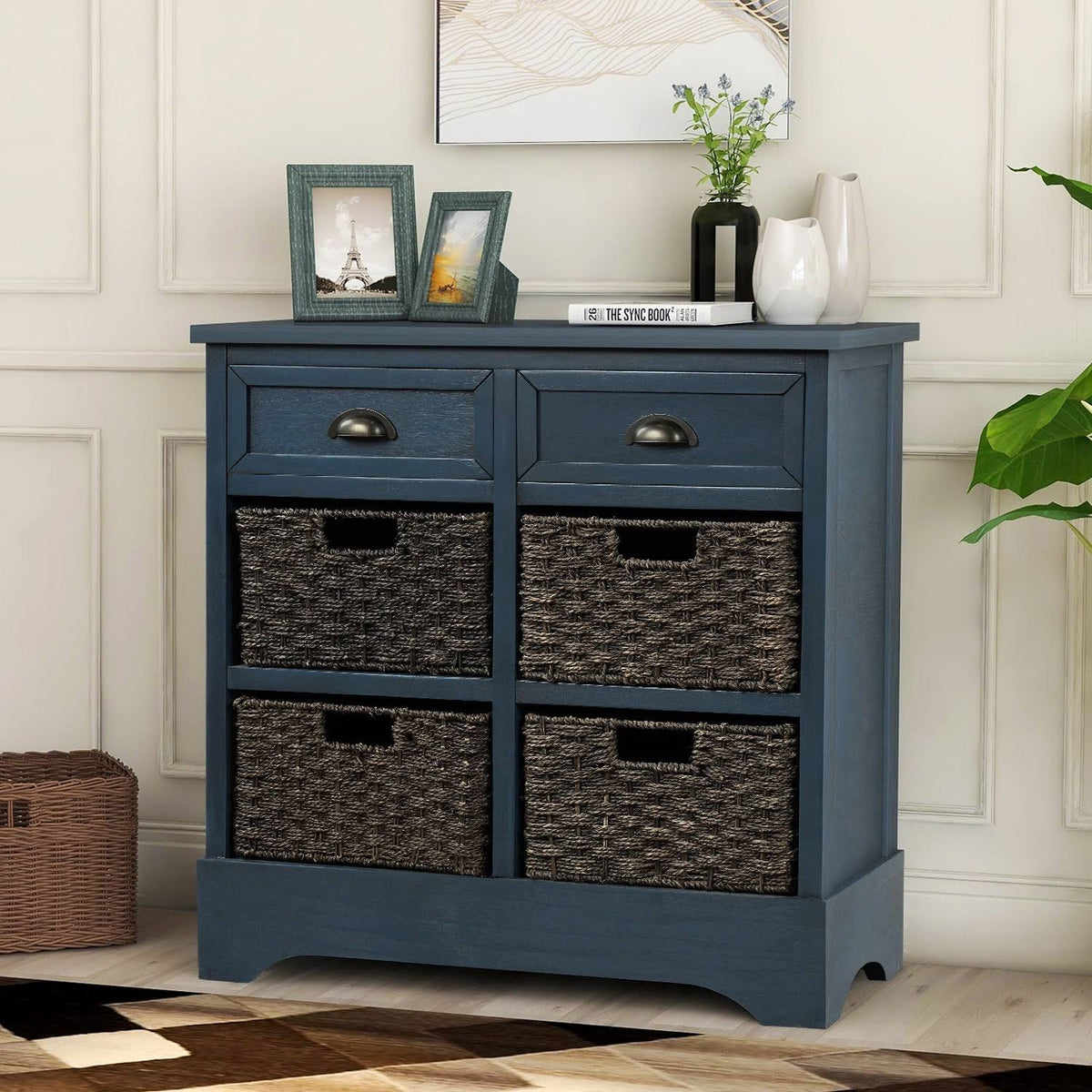 Rustic Storage Cabinet with 2 Drawers and 4 Fabric Basket F504707