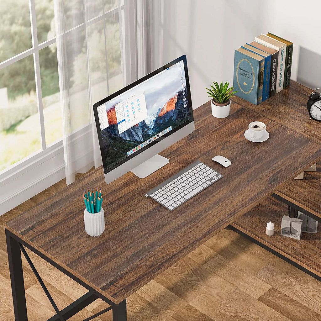 Reversible Industrial L-Shaped Desk with Storage Shelves, Corner Computer Desk (Brown, 59") M411
