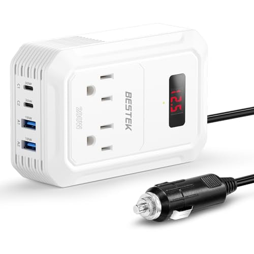 200W Car Power Inverter DC 12V to 110V AC Converter with 2 USB-C and 2 USB-QC LCD Screen Dual AC Adapter B630192