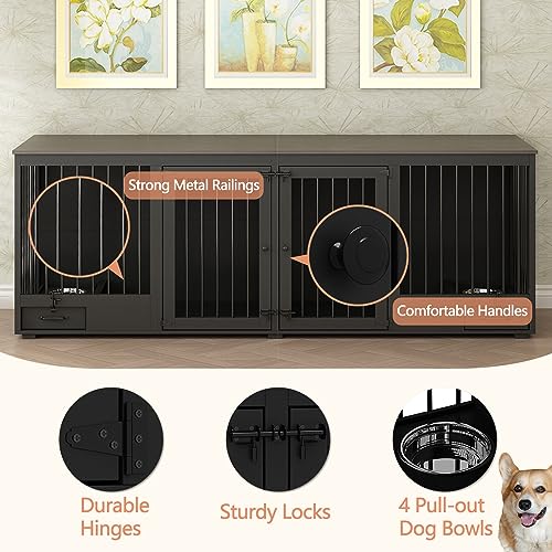 Black Heavy Duty Wooden Dog Crate with Dog Bowl Drawers & Divider X8078