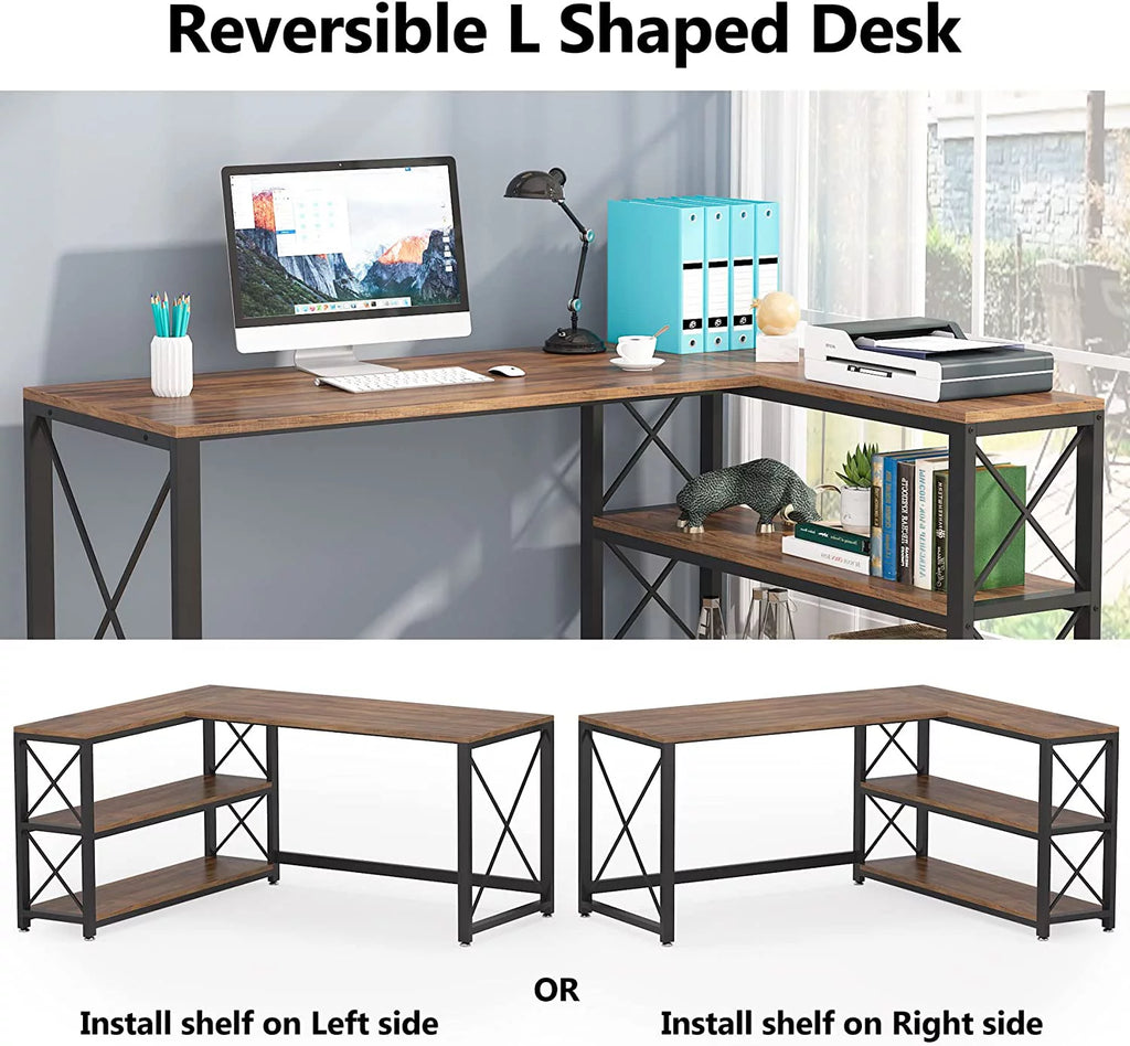 Reversible Industrial L-Shaped Desk with Storage Shelves, Corner Computer Desk (Brown, 59") M411