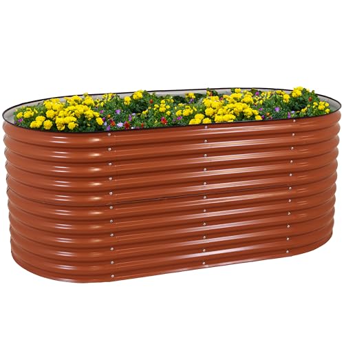 Brown 79-Inch Oval Stackable Steel Raised Garden Bed with Rubber Edge Trim L479
