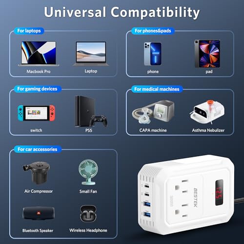 200W Car Power Inverter DC 12V to 110V AC Converter with 2 USB-C and 2 USB-QC LCD Screen Dual AC Adapter B630192