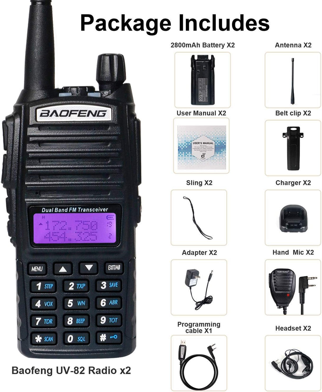 High Power 2 Way Radio with Programming Cable and Speaker Mic Pack of 2 H347923
