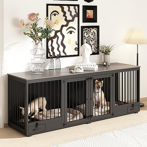Black Heavy Duty Wooden Dog Crate with Dog Bowl Drawers & Divider X8078