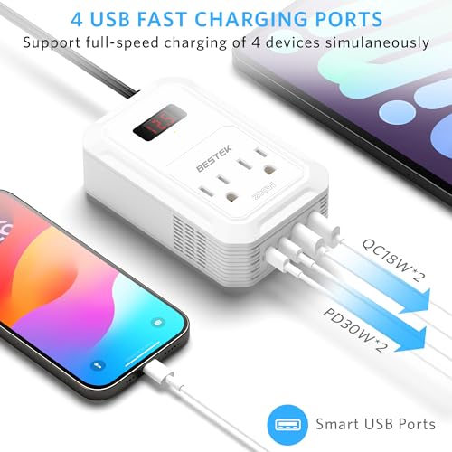 200W Car Power Inverter DC 12V to 110V AC Converter with 2 USB-C and 2 USB-QC LCD Screen Dual AC Adapter B630192