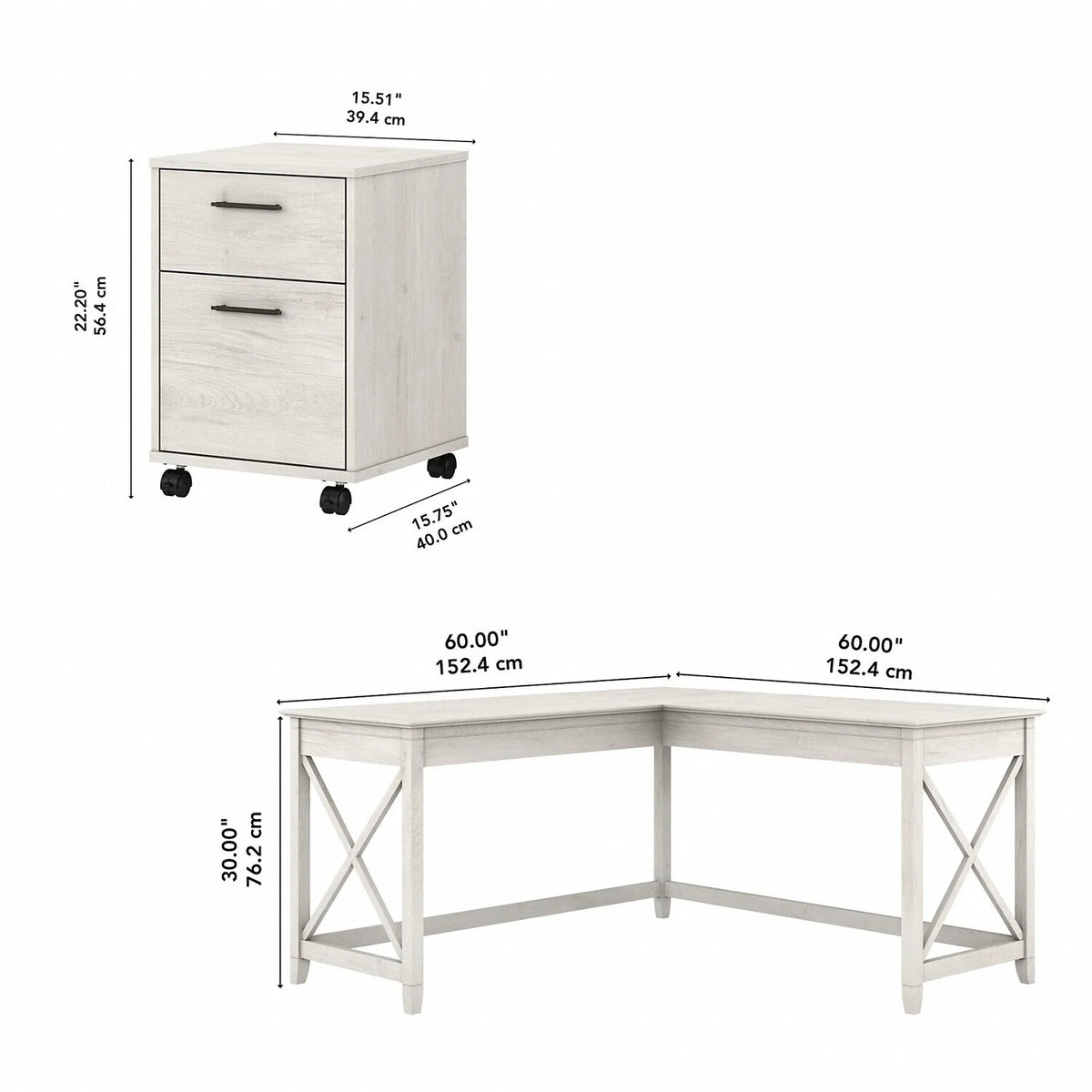 60W L Shaped Desk With 2 Drawer Mobile File Cabinet S624904