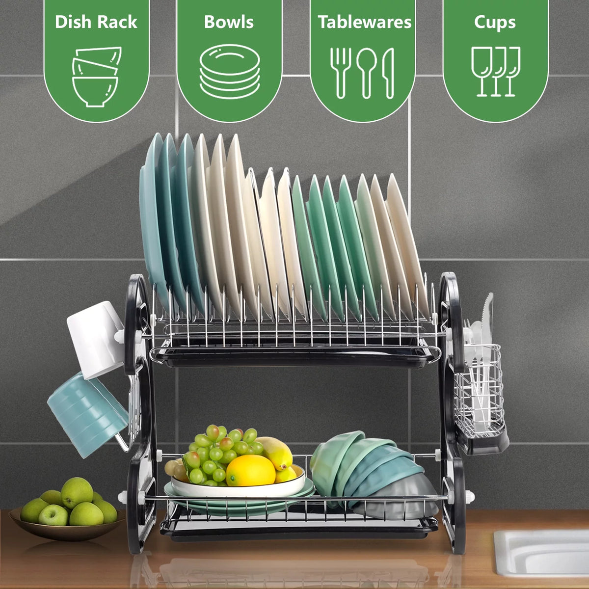 Black 2-Tier Plastic Dish Drainer C380072