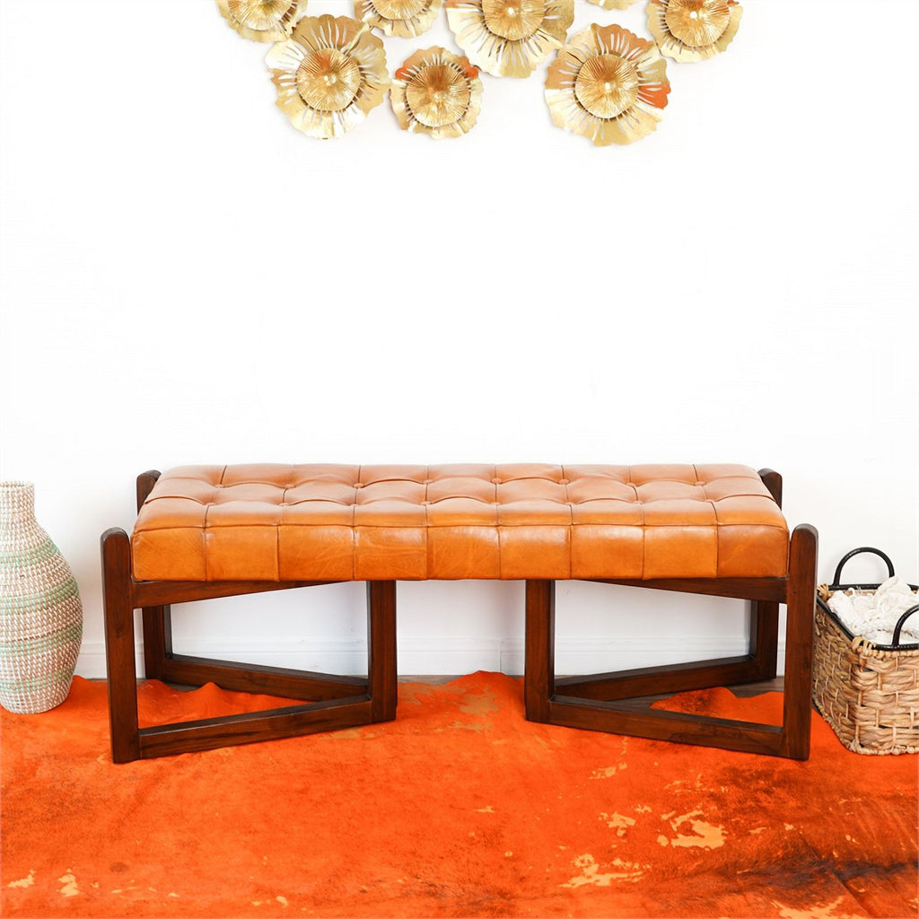 Tan Upholstered Leather Bench W4931