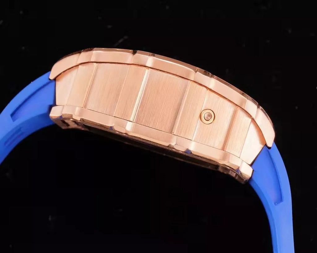 Blue Dial Rose Gold Bezel Rubber Strap Skeleton Watch X187