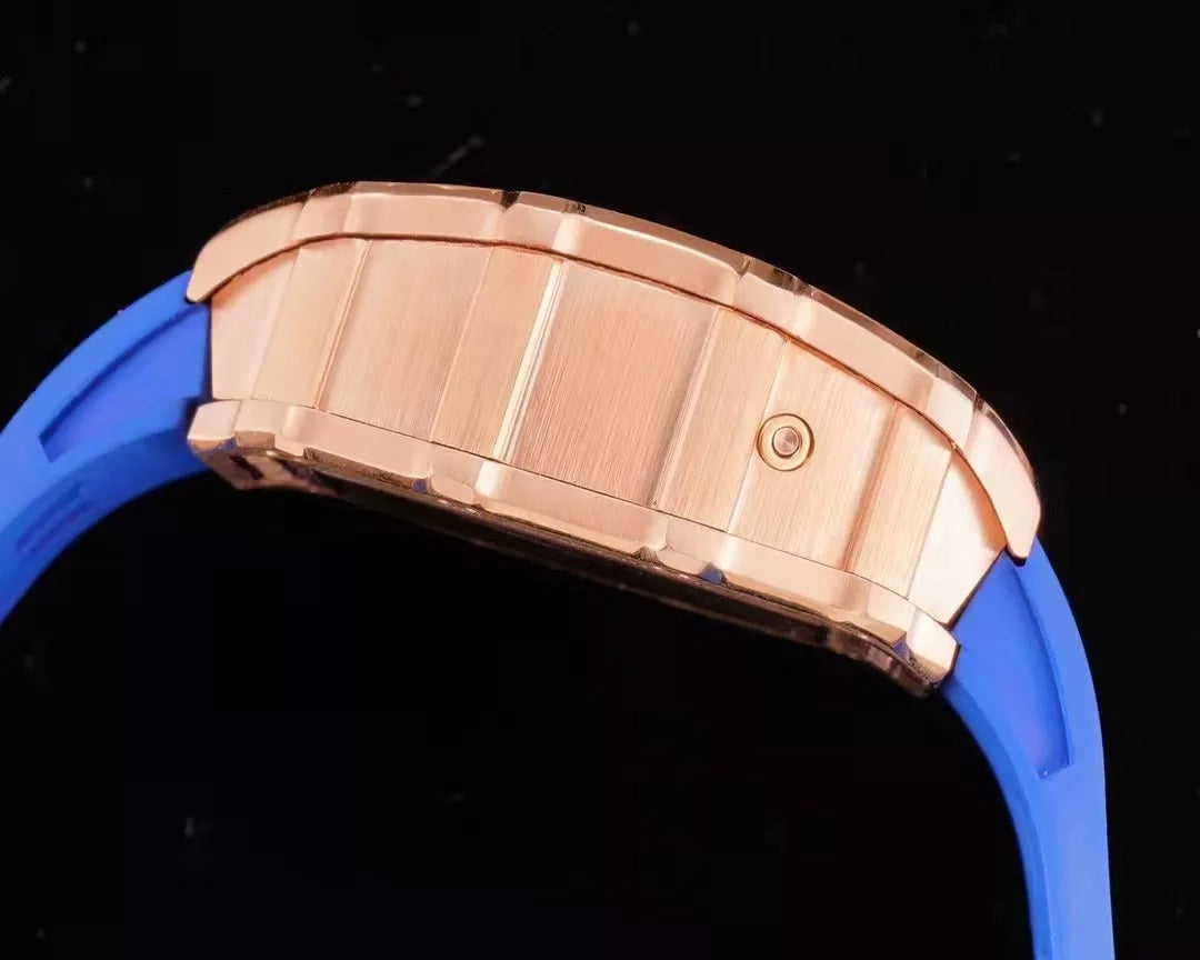 Blue Dial Rose Gold Bezel Rubber Strap Skeleton Watch X187