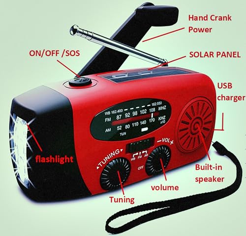 Portable Self-Powered AM/FM/NOAA Weather Radio with Solar & Hand-Crank Charging, LED Flashlight, USB Rechargeable, 2000mAh Power Bank E31274