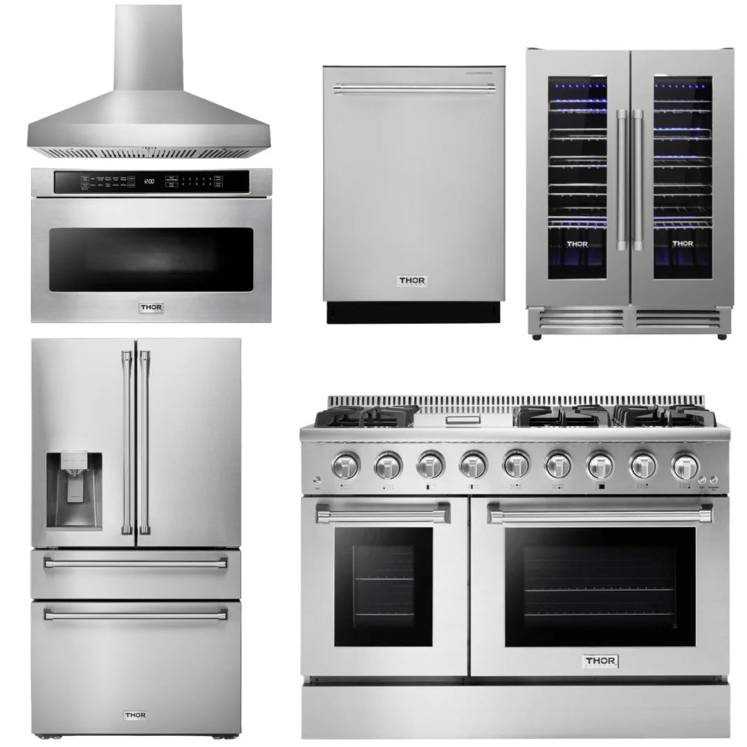 48 Gas Range, Range Hood, Refrigerator with Water and Ice Dispenser, Dishwasher, Microwave, Wine Cooler J812000