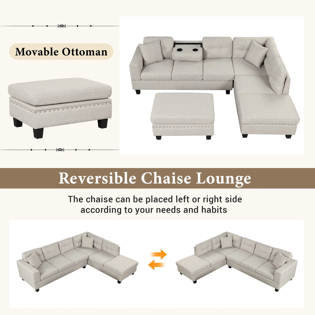 Light Gray Sectional Sofa with Storage Ottoman and Cup Holder O628309