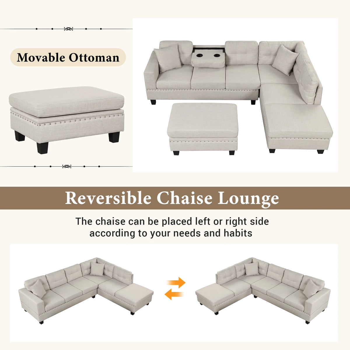 Light Gray Sectional Sofa with Storage Ottoman and Cup Holder O628309
