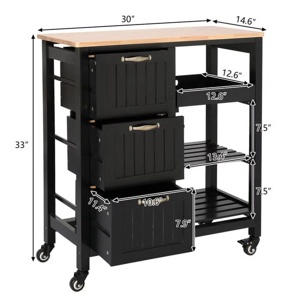 Black Rolling Kitchen Island Cart with 3 Drawers H93656