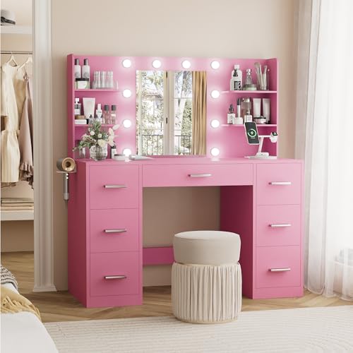 Pure White Vanity Desk with Mirror and 7 Drawers O9028