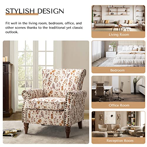 Blue Floral Pattern Upholstered Accent Chair with Wood Legs B36056