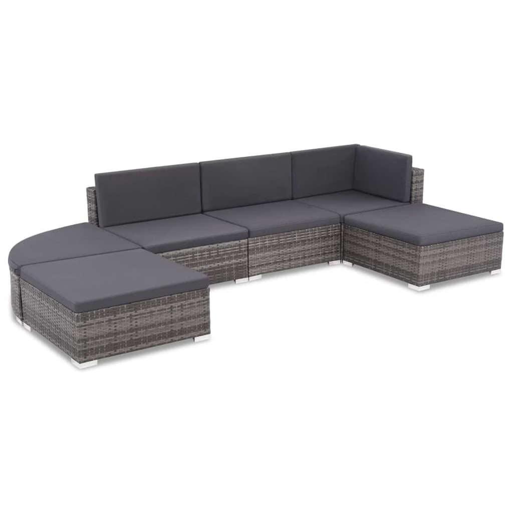 Set of 6 Poly Rattan Patio Sectional Corner Sofa with 2 Ottoman and Soft Cushions Gray I348407
