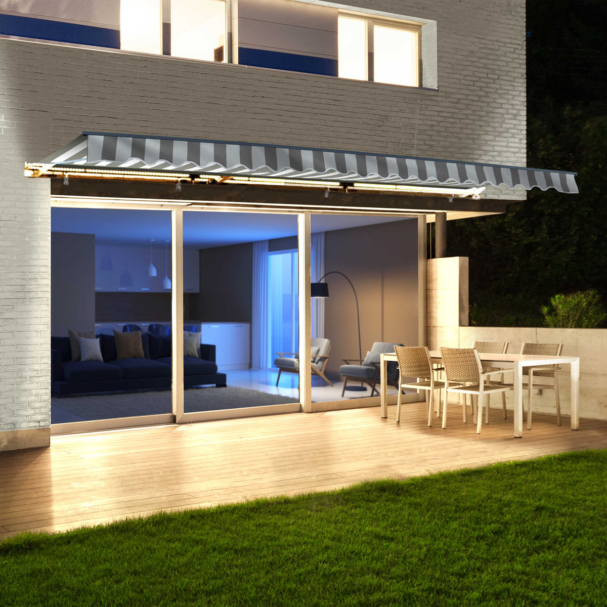 Gray White Striped Motorized Retractable Patio Awning C597