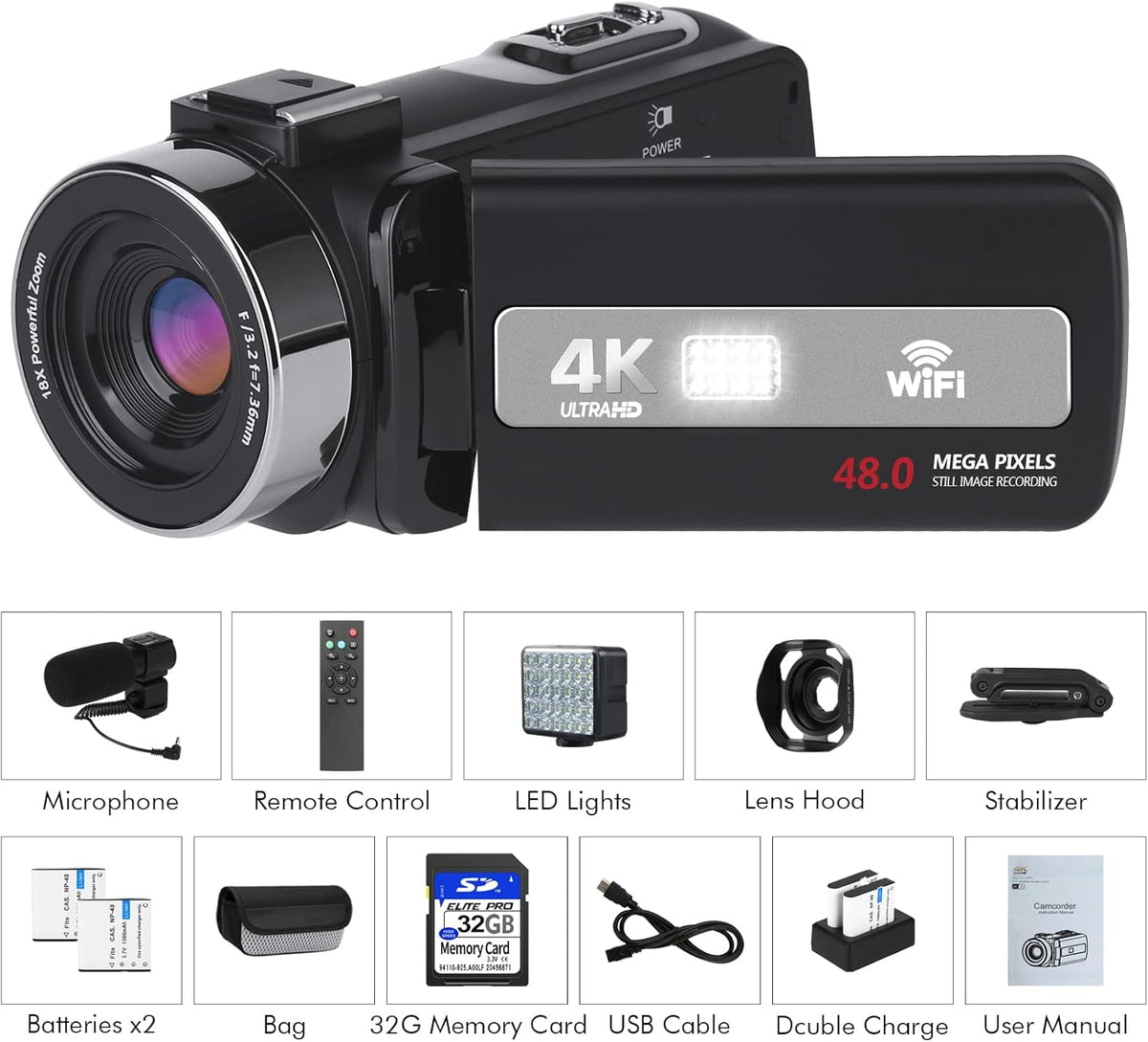 4K 60FPS Autofocus Digital Camera with WiFi, 32GB SD Card, 2 Batteries Z86888