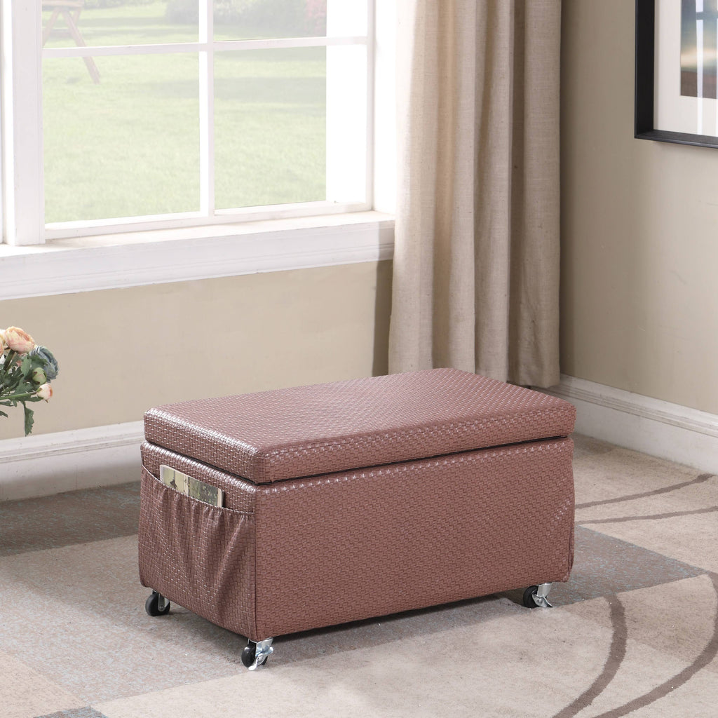 Auburn Brown Basketweave Leatherette Storage Bench with Side Pockets and Caster Wheels H682579