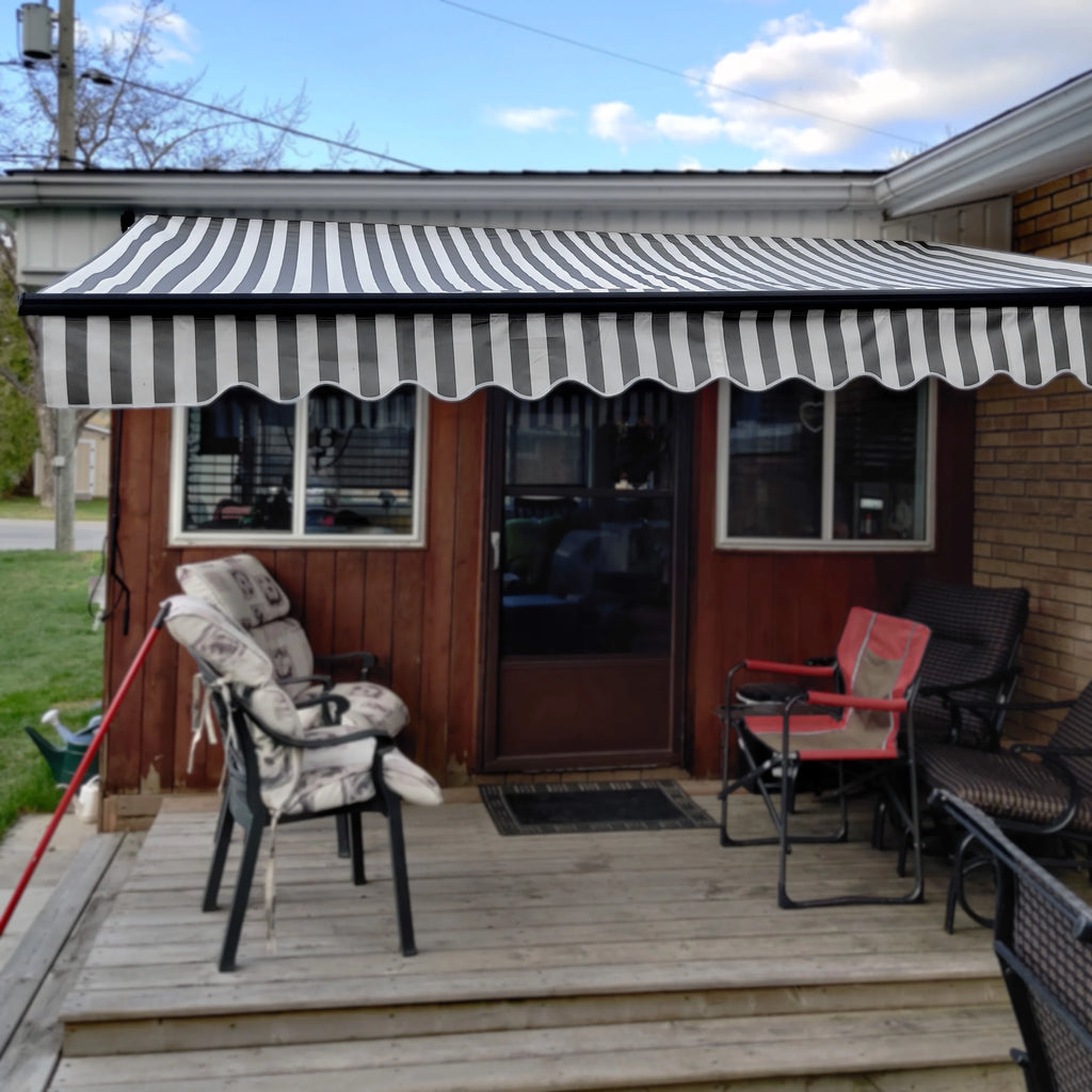 Gray White Striped Motorized Retractable Patio Awning C597