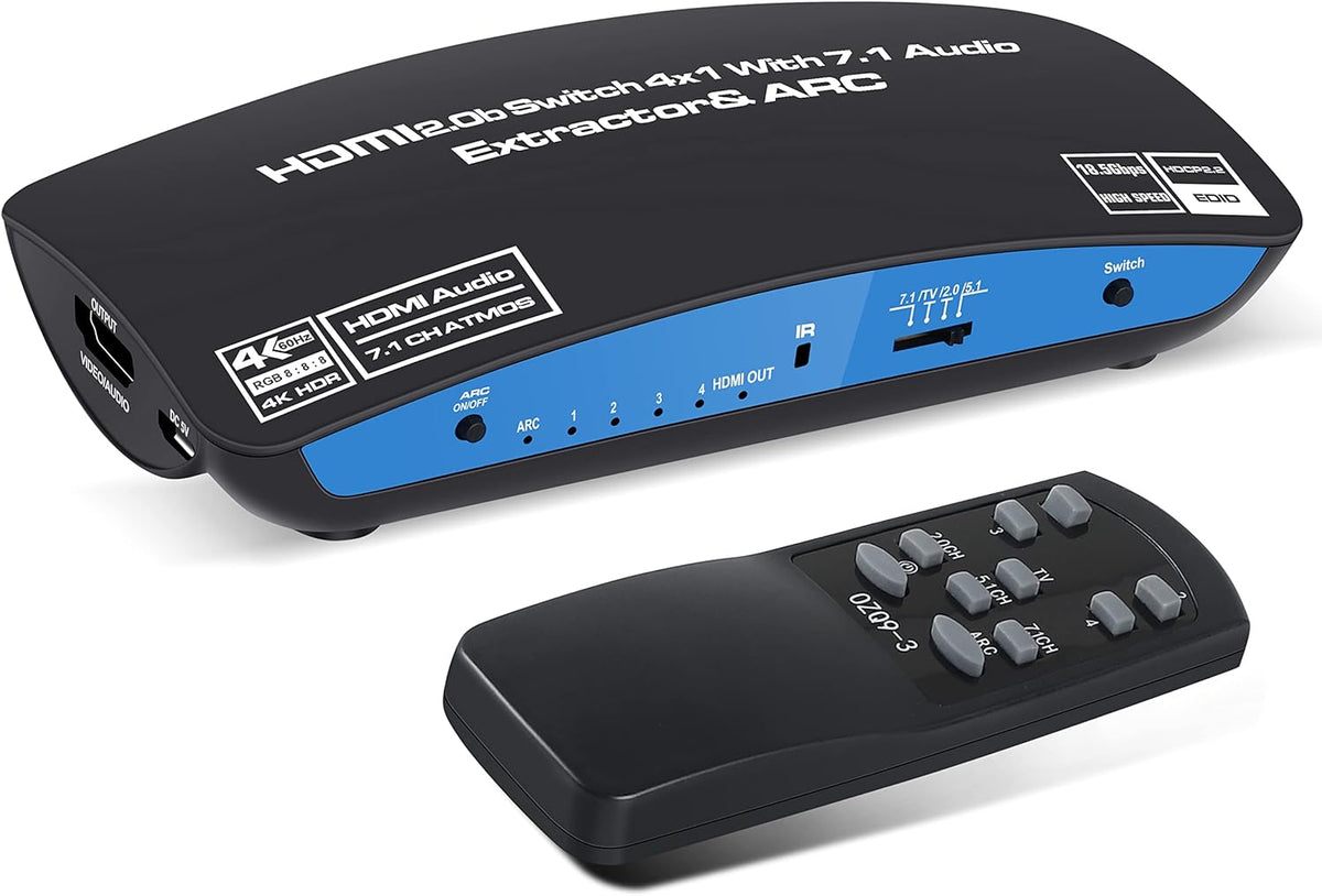 4K@60Hz HDMI Switch 4x1 with 7.1 Audio Extractor, 4 Port HDMI2.0b Switch Box with Remote, Pack of 2 O417093