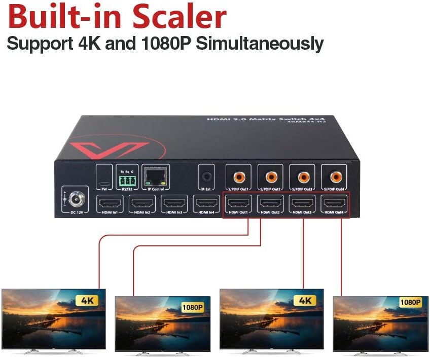 HDMI Matrix 4x4 4K@60Hz 4:4:4 HDR Dolby Vision CEC Audio Extraction SPDIF 5.1CH Downscaler HDCP2.2 IR Remote RS232 O933108