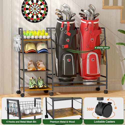 Golf Bag Storage Rack with Wheels, Black Y40571