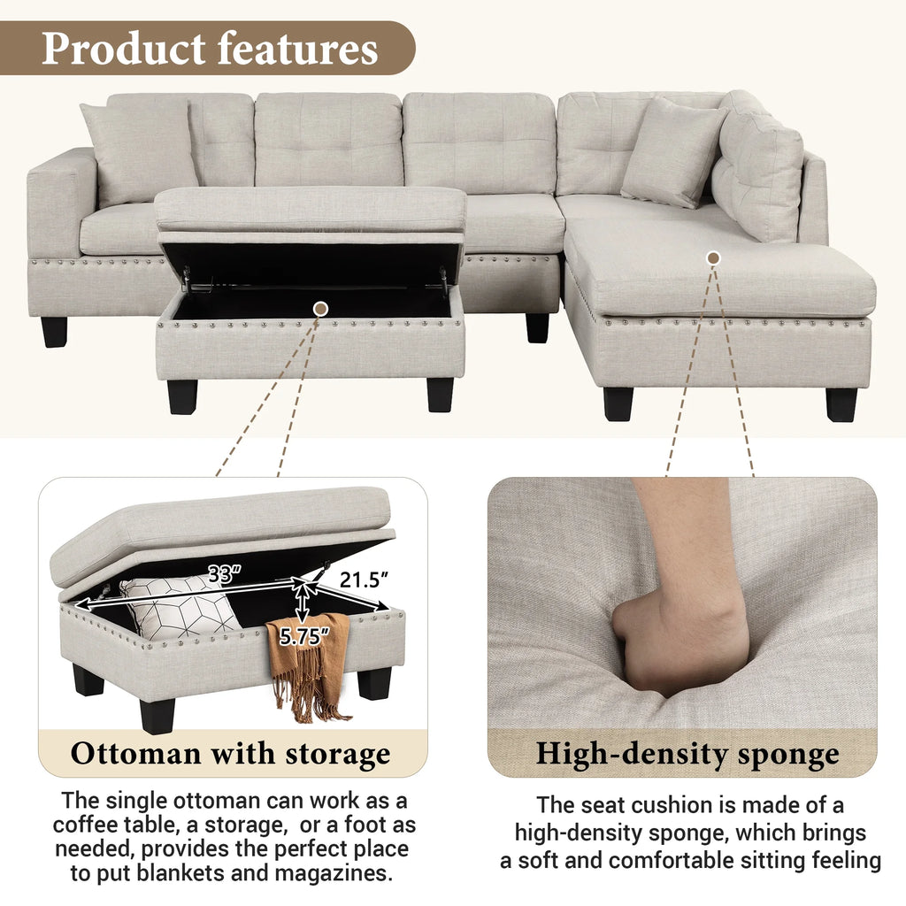 Light Gray Sectional Sofa with Storage Ottoman and Cup Holder O628309