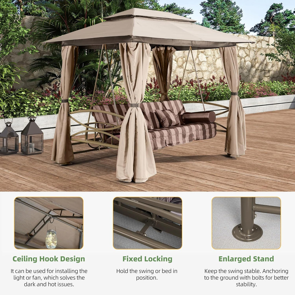 3 Person Double Top Outdoor Patio Gazebo Swing with Netting & Curtain M339
