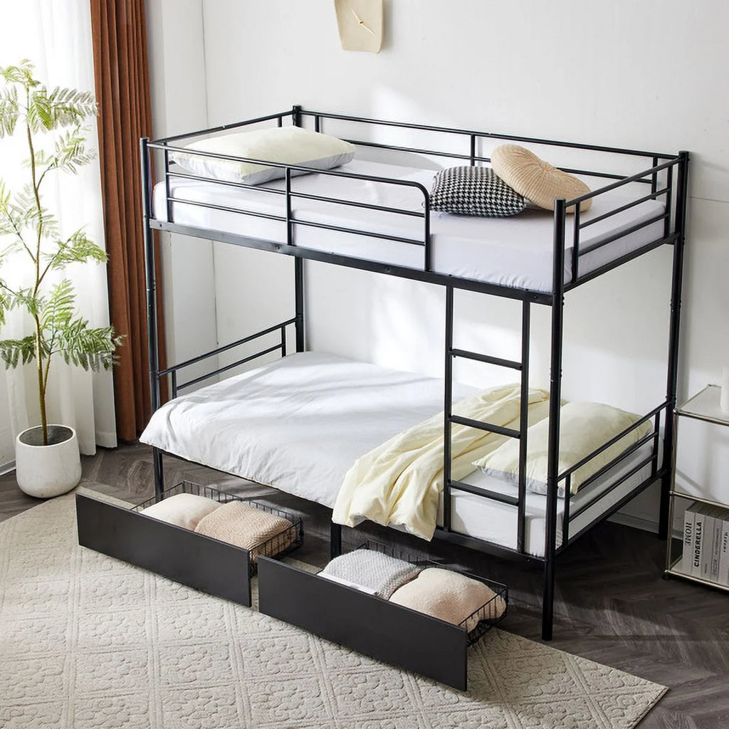 Black Twin Over Twin Iron Convertible Bunk Bed with 2 Storage Drawers B5482