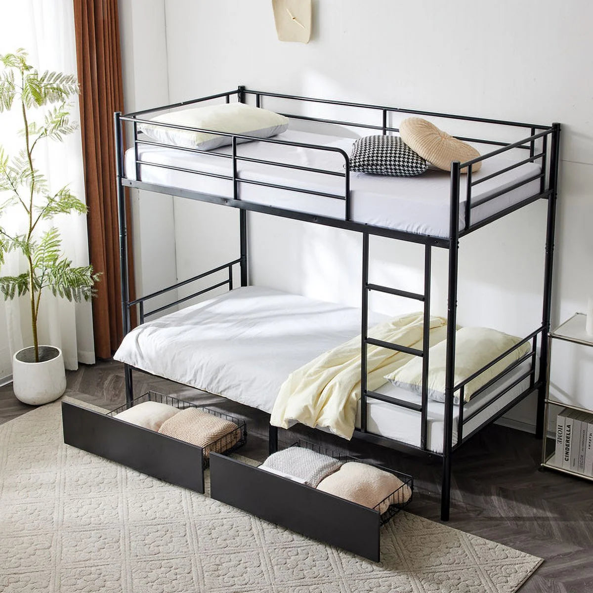 Black Twin Over Twin Iron Convertible Bunk Bed with 2 Storage Drawers B5482