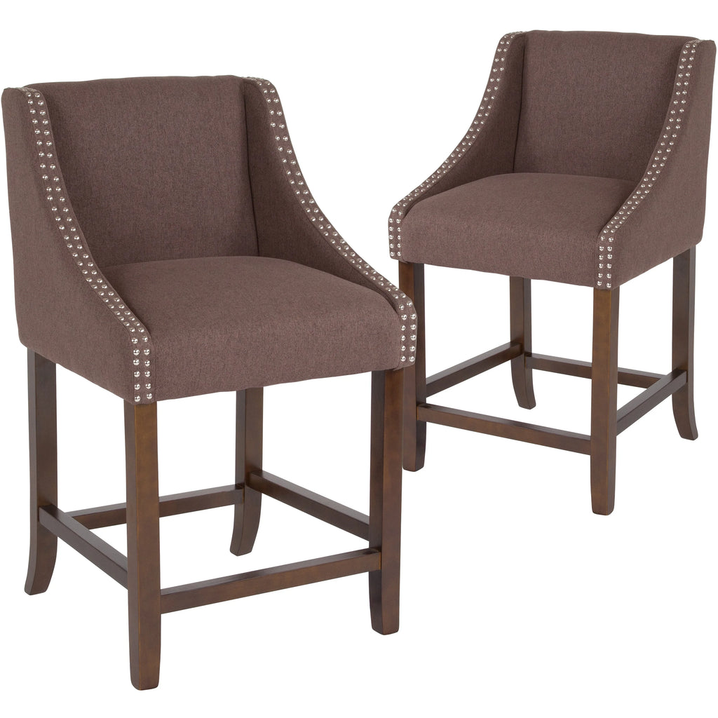 Walnut Counter Height Stool with Nailhead Trim in Brown Fabric - Set of 2 E72995