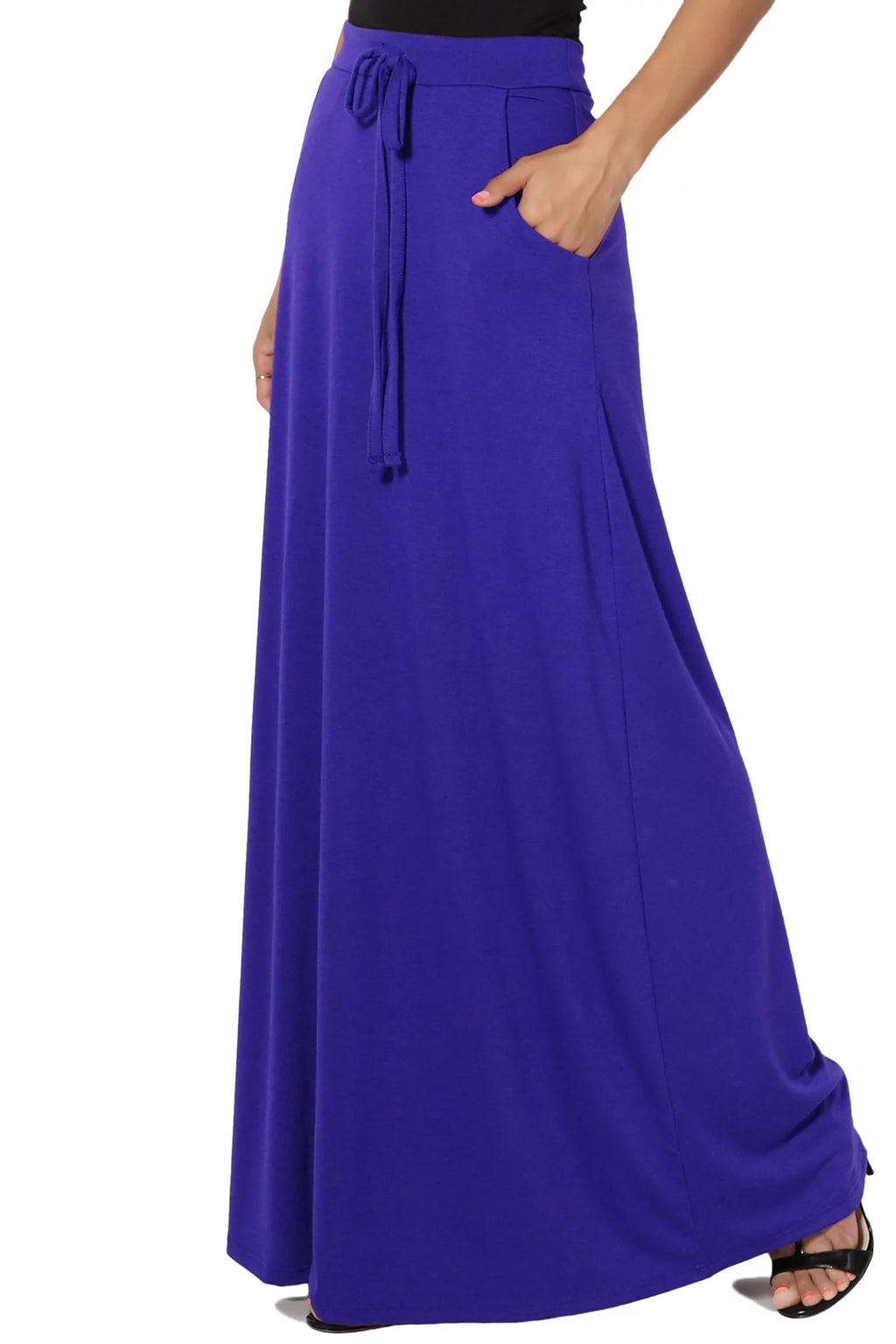 Drawstring Waist Pocket Jersey A-Line Maxi Skirt U574