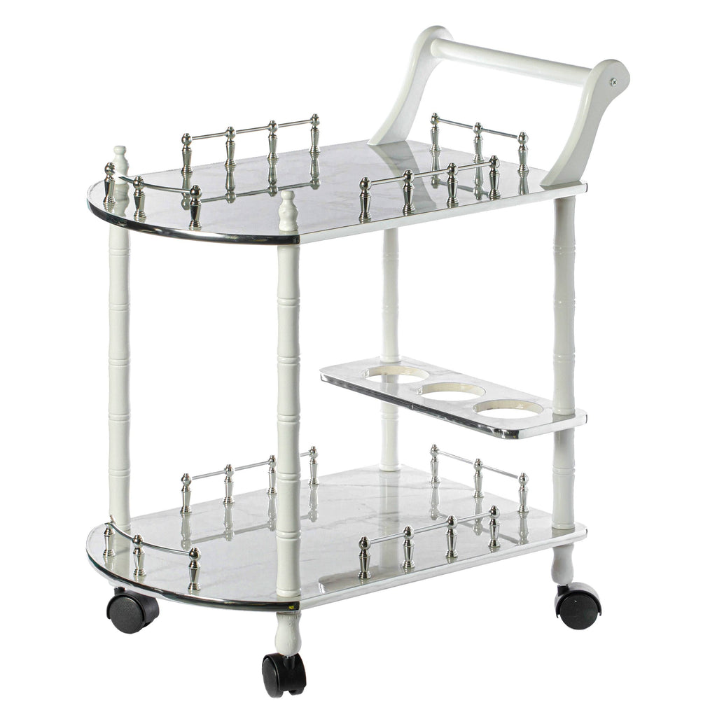 Gold Black and White Wood Serving Bar Cart with 2 Tier Shelves and Rolling Wheels V9297